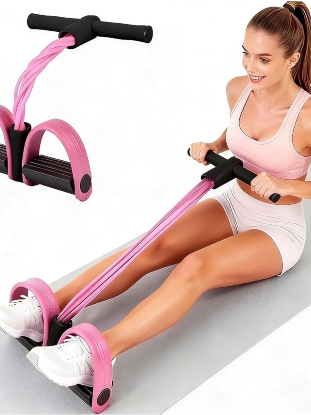 Pink Resistance Rowing Pull Rope with Foot Pedals -